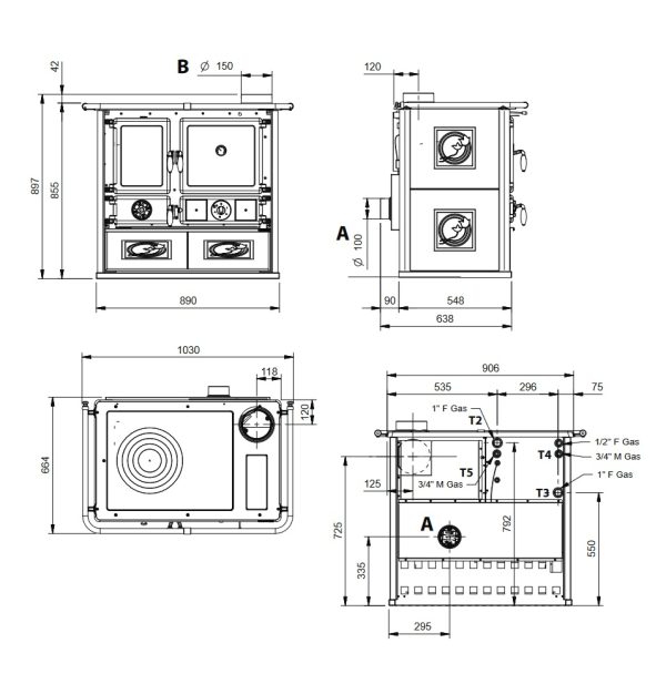 Termorosa rysunek techniczny 600x608 - Kuchnia kaflowa z płaszczem wodnym La Nordica TermoRosa DSA 4.0 BORDO