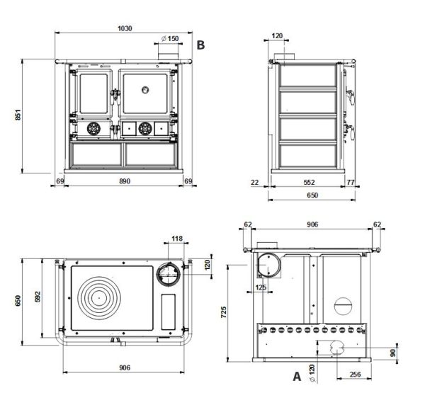 Rosa Petra dane techniczn 600x572 - Kuchynský sporák na drevo La Nordica Rosa 5.0 - Petra