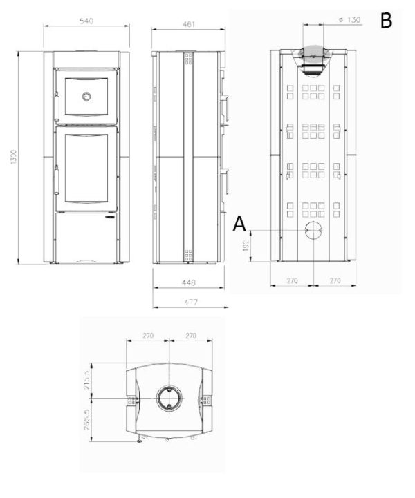 ester forno wymiary 600x721 - Piec wolnostojący na drewno z piekarnikiem LaNordica Extraflame Ester Forno Evo Vulcan