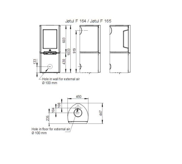 F 165 wymiar 600x540 - Żeliwny piecyk na drewno 5kW Jøtul F 165