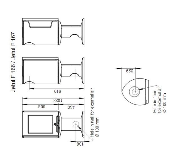 F 167 wymiar 600x511 - Żeliwny piecyk na drewno 5kW Jøtul F 167