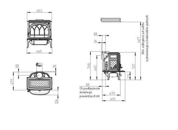 f 400 wymiary 600x438 - Klasyczny żeliwny piec na drewno  Jøtul F 400 ECO