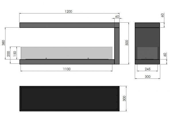 wymiaryU1200.2 600x414 - Biokominek wkład  3 stronny do zabudowu  INSIDE U1200.2