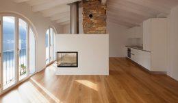 Modern living room with fireplace in the middle