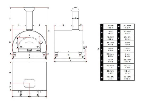 5 minut wymiary 600x430 - Piec do pizzy Alfa Forni 5 MINUTI Miedziany