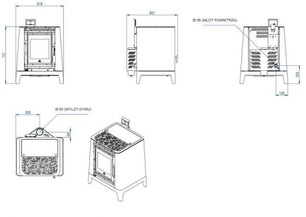 PF500wymiary 1 600x426 - Piecyk na pellet 5,7 kW  Jøtul PF 500 corten wyprzedaż expozycji