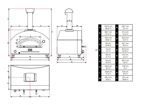 Stone Oven wymiary 600x438 - Hybrydowy piec do pizzy Alfa Forni FUTURO 2 pizze (na gaz i drewno)  silver black