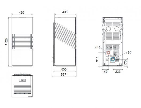 wymiary akemi 600x459 - Kachle na pelety AKEMI 8kW