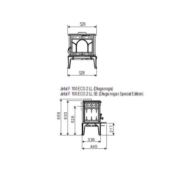 f 100 wymiary 600x614 - Piecyk żeliwny na drewno  Jøtul F 100 ECO .2 SE