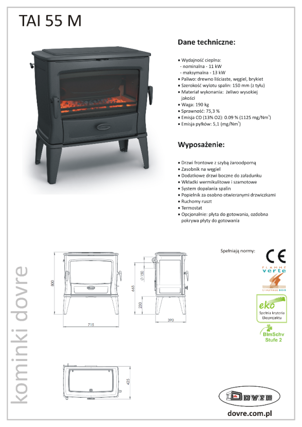 tai 55.2 600x848 - Kaminofen Dovre TAI 55 M mit Kochplatte und Deckel