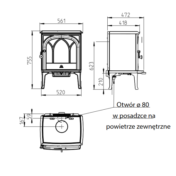 F 200 wymiary 600x602 - Piecyk na drewno żeliwny klasyczny Jøtul F 200