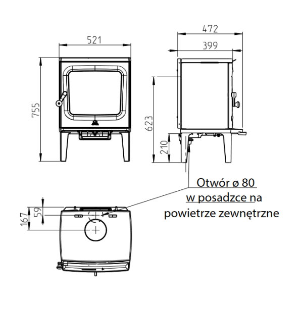 F 205 wymiary 600x612 - Piecyk żeliwny na drewno  Jøtul F 205