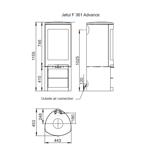 F 361 wymiary 600x612 - Żeliwny piecyk na drewno 6 kW Jøtul F 361V2