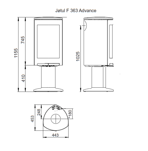 F 363 wymiary 600x612 - Żeliwny piec na drewno 6 kW Jøtul F 363 V2