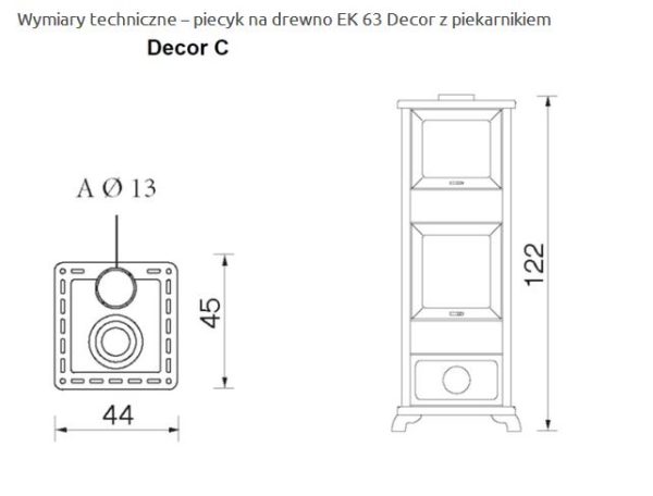 DECOR C wymiary 600x456 - Freestanding wood-burning stove DECOR C with a maroon oven