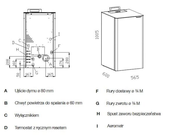 Wymiary AC idro13 caldaia13kw 600x482 - Kocioł na pellet Ambiente Calore Idro 13