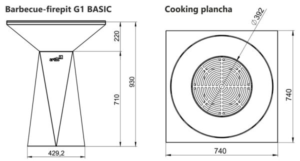 artiss g1basic wymiary m 600x322 - Záhradný krbový gril Artiss G1 BASIC grafit