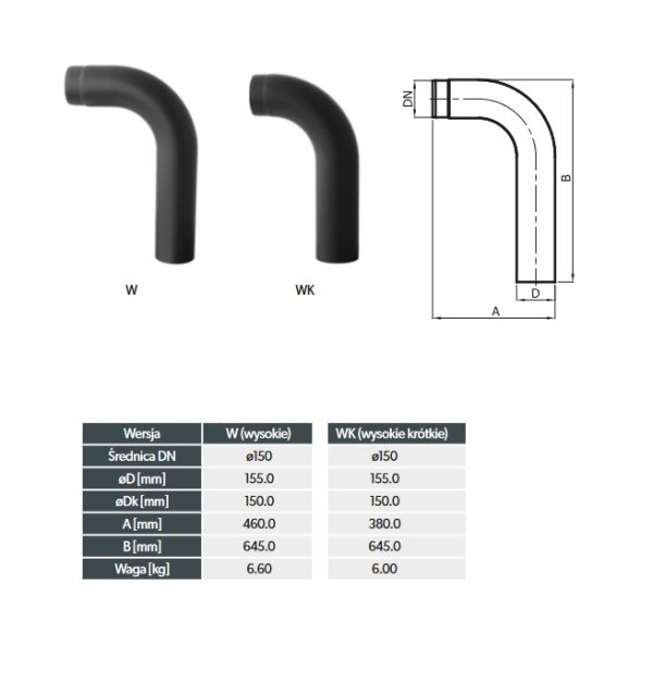 Kolano giete wysokie wymiar 600x629 - Bent flue elbow 90° fi 150 high short