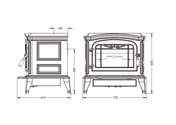 bradford schemat l 600x425 - Piec kominkowy żeliwny Invicta BRADFORD antracyt