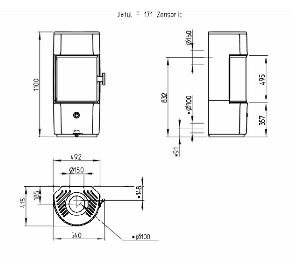 F 171 zensoric wymiary 600x537 - Żeliwny piec na drewno z automatyką 5kW Jøtul F 171 ZENSORIC