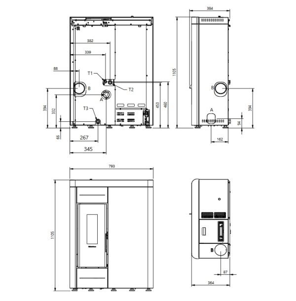 Virna idro wymiar 600x610 - Piec kominkowy na pellet z płaszczem wodnym 12,3kW  Virna Idro