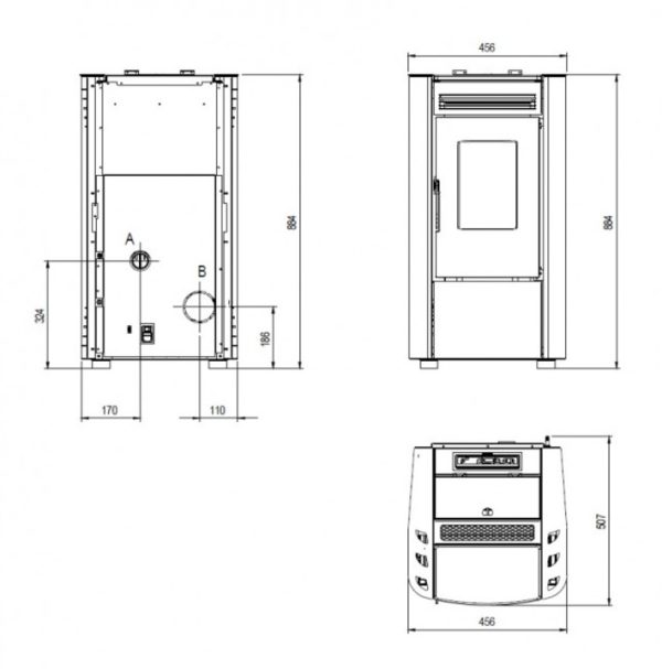 ketty wymiary 600x607 - Piec kominkowy na pellet Ketty Evo 2.0