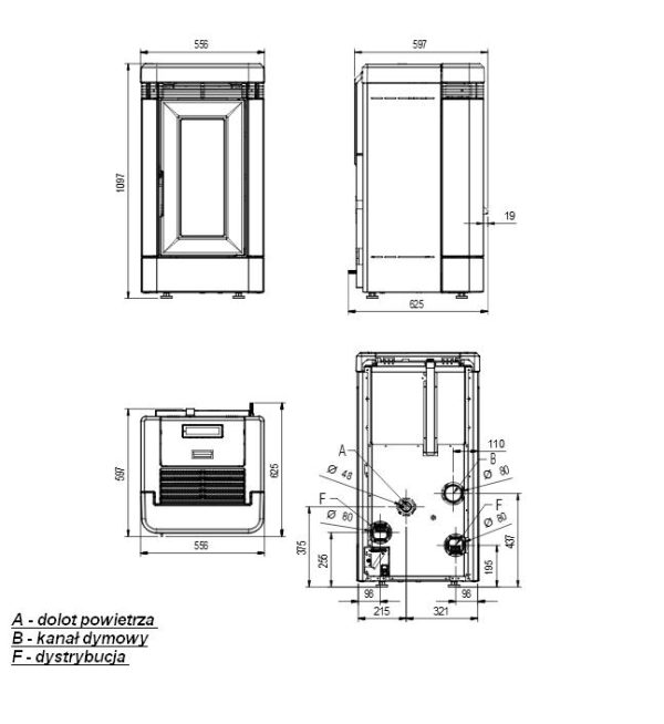 lucia plus wymiary 600x654 - Piec kominkowy na pellet Lucia Plus z dystrybucją powietrza