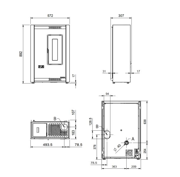 luisella ne box wymiary 600x592 - Piec kominkowy na pellet Luisella