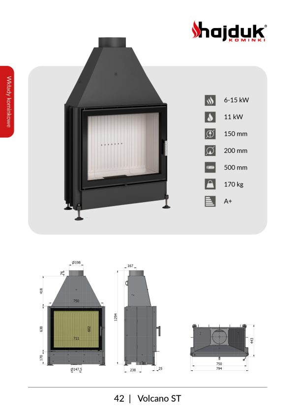 Volcano ST karta techniczna 600x848 - Hajduk Volcano ST Kamineinsatz, schwarze Keramik