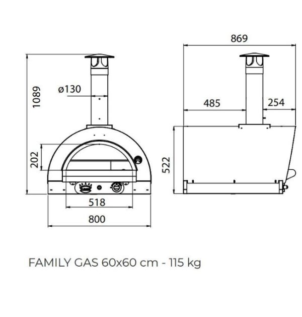 Family a gaz wymiary 60x60 gaz 600x629 - Włoski piec do pizzy Pulcinella 60x60 Hybrydowy na gaz i drewno