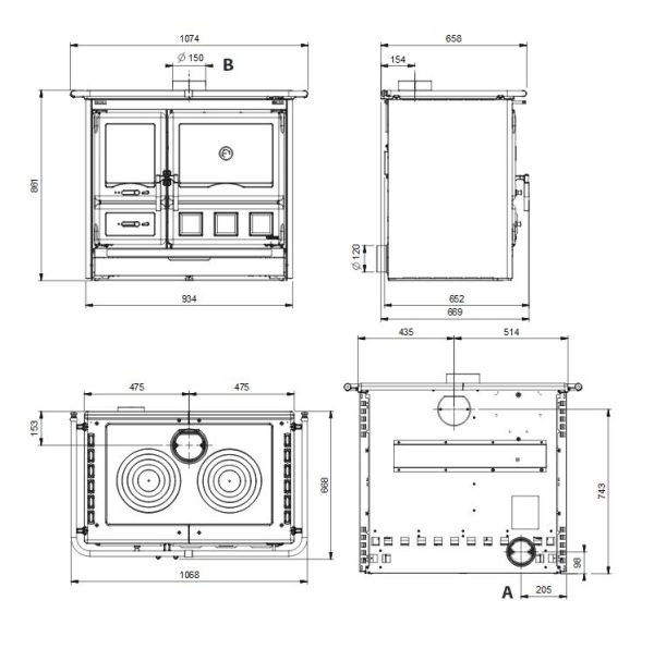 Rosa XXL dane techniczn 600x596 - Piec kuchenny na drewno La Nordica Rosa XXL 5.0 stal