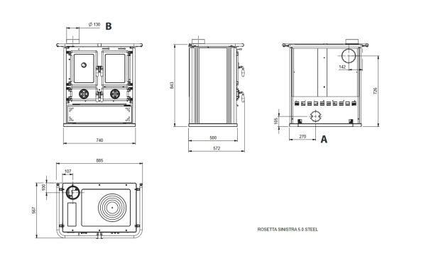 Rosetta sinistra stal wymiary 600x378 - Küchenofen - Küchenherd La Nordica ROSETTA SINISTRA 5.0 STEEL