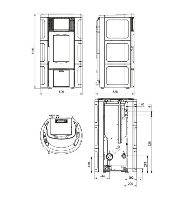 iside wymiary 1 600x661 - Piec kominkowy na pelet z płaszczem wodnym 15kW  Iside idro H15