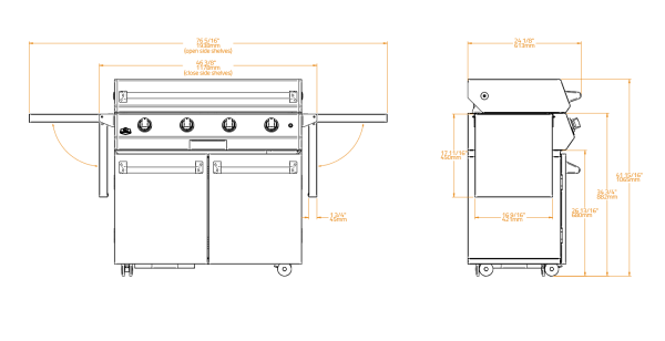 mate 40 wymiary 600x308 - Grill gazowy Special 40 czarny z podstawą i płytą kuchenną ze stali nierdzewnej