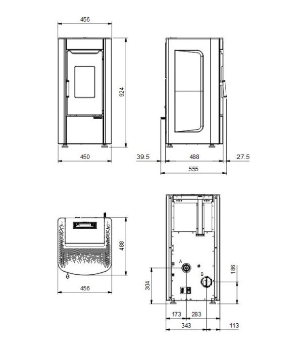 sabry wymiary 600x701 - Piec kominkowy na pellet La Nordica SABRY 5.0