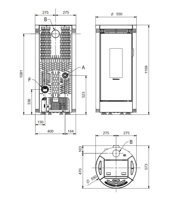 Debbyl Plus rysunek techniczny 600x667 - Piec kominkowy na pellet La Nordica Debby Plus Evo z rozprowadzeniem powietrza