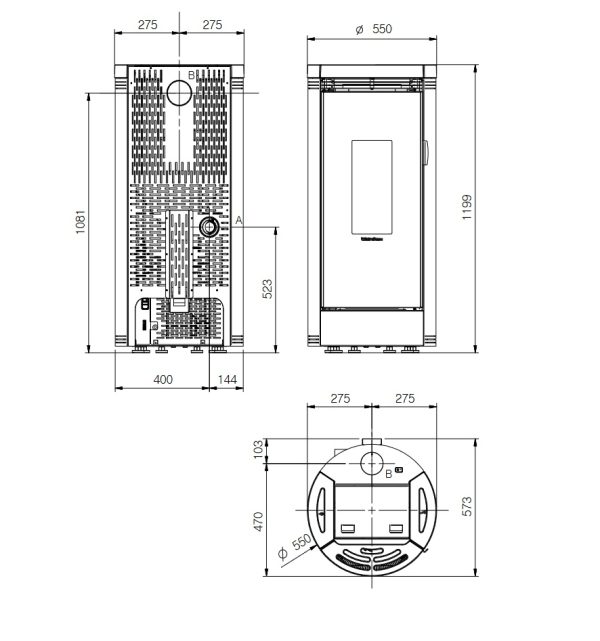 Debbyl rysunek techniczny 600x641 - Piec kominkowy na pellet La Nordica Debby