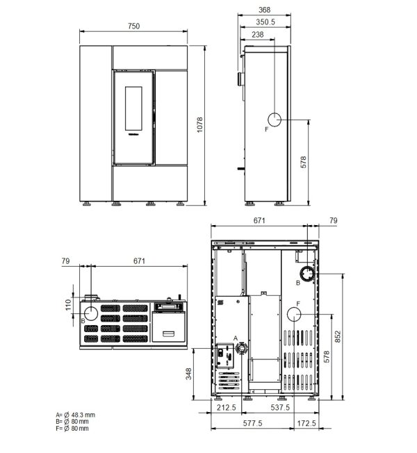 Gabriella plus rysunek techniczny 1 600x652 - Piec kominkowy na pellet La Nordica Gabriella Plus z rozprowadzeniem powietrza