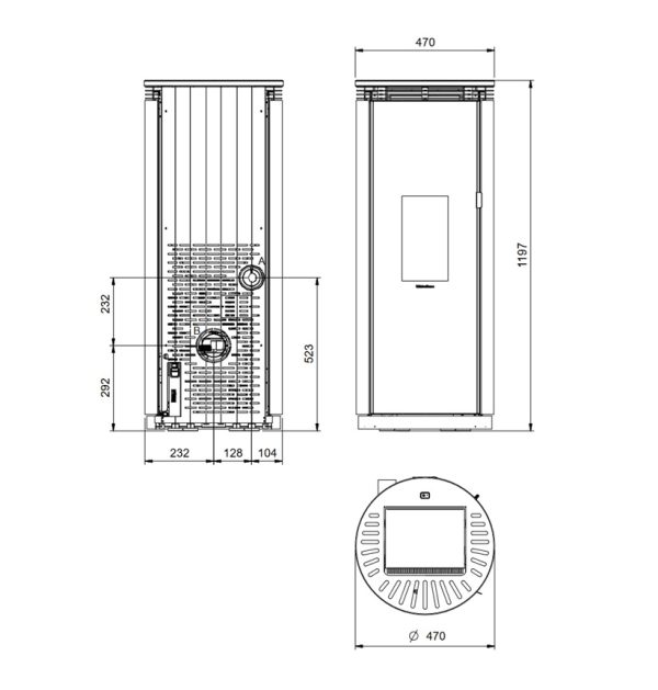 Pamela Steel rysunek techniczny 600x629 - Piec kominkowy na pellet La Nordica Pamela Crystal BLSC