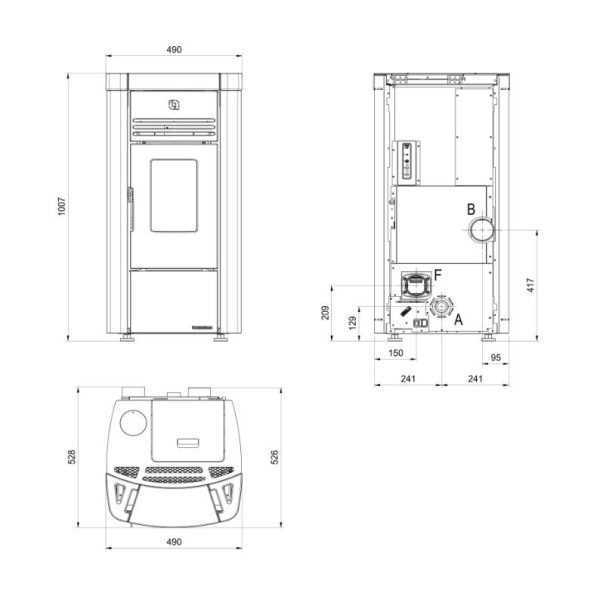 angela plus wymiary 600x609 - Piec kominkowy na pellet La Nordica Angela Evo Plus z rozprowadzeniem powietrza