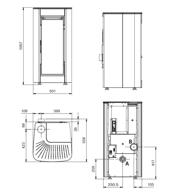 ilary rysunek techniczny 600x661 - Piec kominkowy na pellet La Nordica Ilary