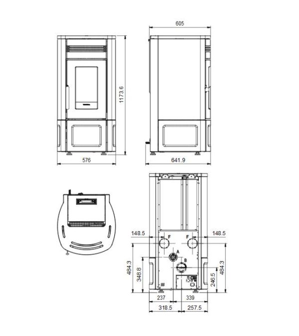 noris lux plus wymiary 600x673 - Piec kominkowy na pellet La Nordica Noris LUX Plus z rozprowadzeniem