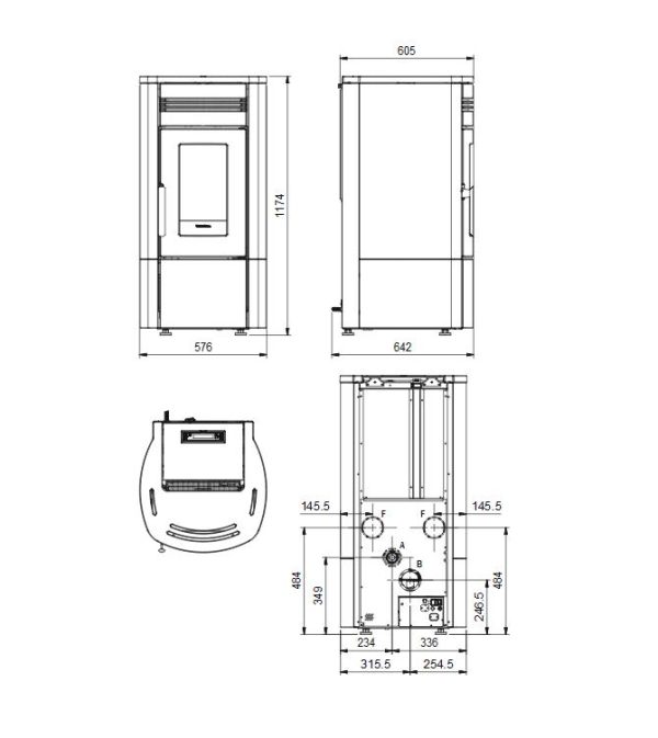 noris plus wymiary 1 600x673 - Piec kominkowy na pellet La Nordica Noris Plus