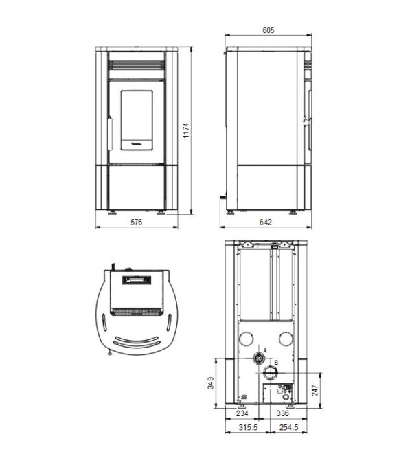 noris plus wymiary 600x680 - Piec kominkowy na pellet La Nordica Noris