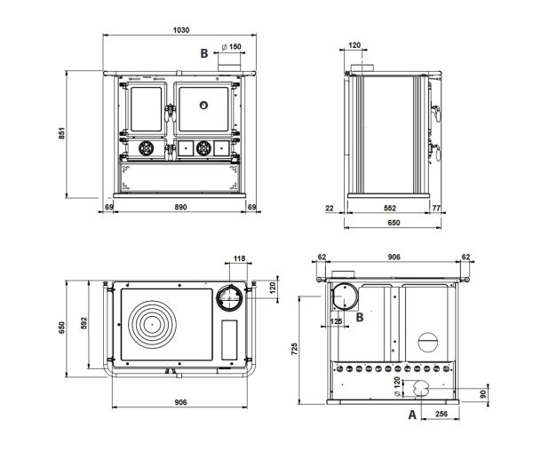 Rosa 5.0 stell rysunek 600x534 - Piec kuchenny na drewno La Nordica Rosa 5.0 STEEL