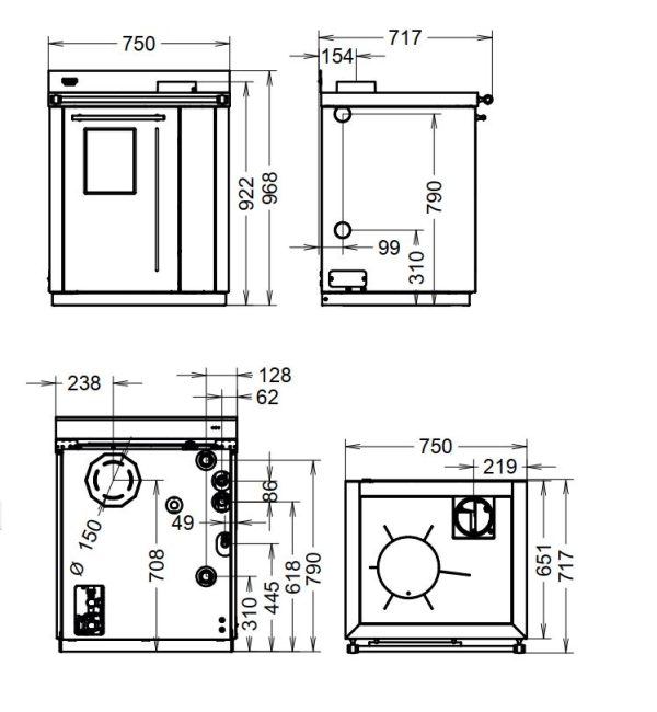 BOSKY 30 Square EV05 rysunek 600x650 - Piec kuchenny na drewno z płaszczem wodnym Thermorossi Bosky 30 Square EVO5