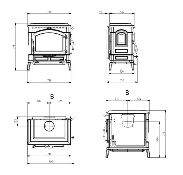 isotta rysunek techniczny 600x574 - Piecyk kominkowy LaNordica Extraflame Isotta Evo