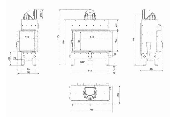 rys tech FLOKI L PRAWY 600x402 - Kominek powietrzny stalowy FLOKI L prawy 12 kW Ø 200