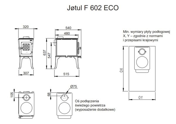 Jotul F602 wymiary 600x424 - Piecyk żeliwny na drewno  Jøtul F 602 ECO
