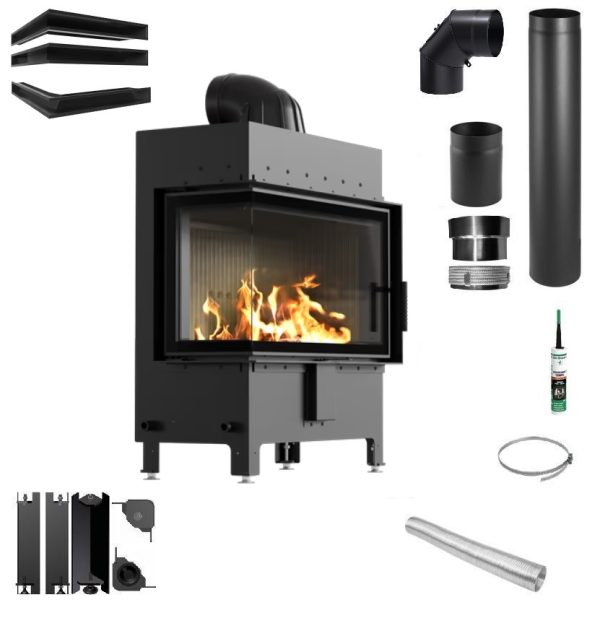 Zestaw Lucy 14 lewy new black 600x618 - Zestaw kominek powietrzny stalowy KRATKI LUCY lewy BLACK 14 kW Ø 200 z akcesoriami